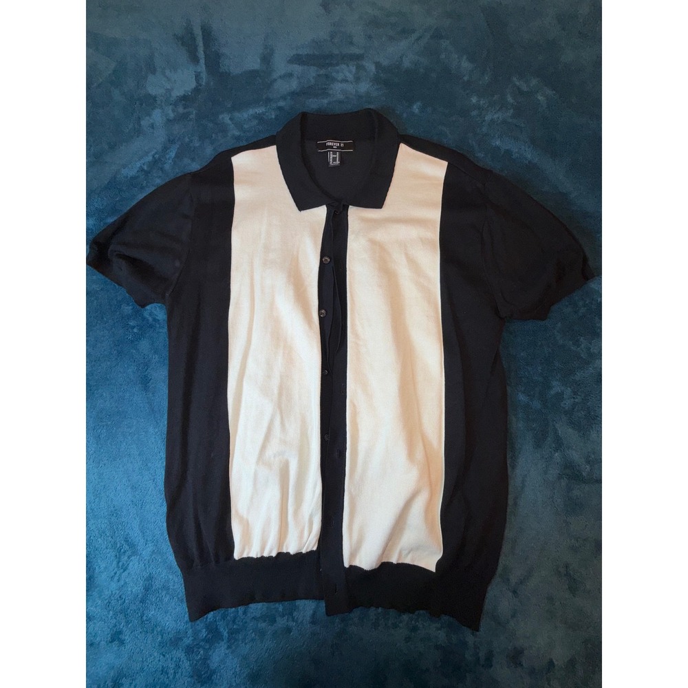 Forever 21 Men Knit Button Up Polo Shirt Black White Color Block Short Sleeve M